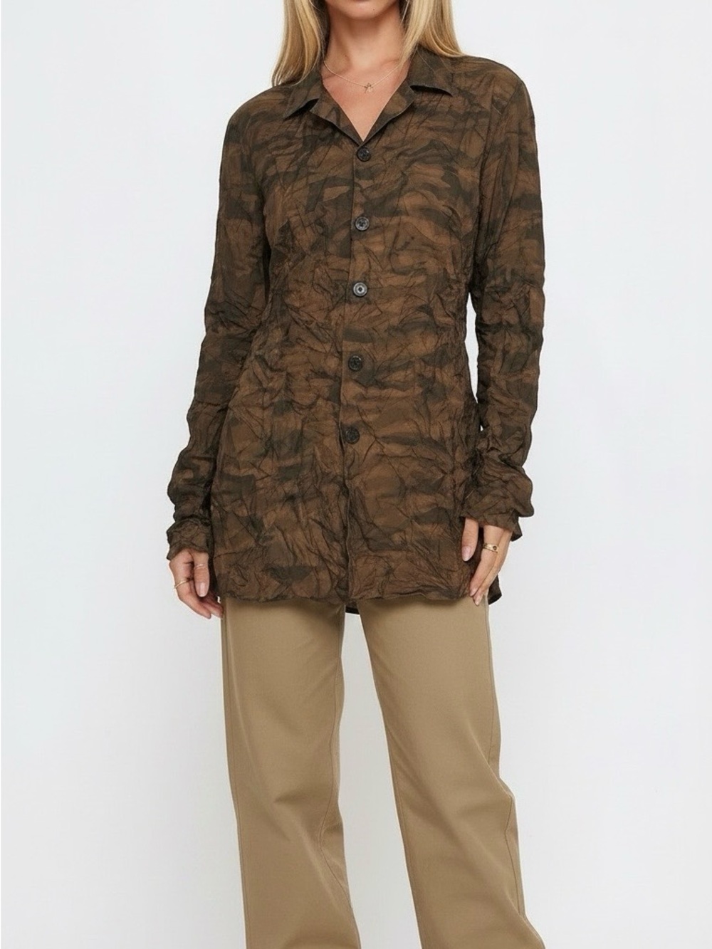 Button-Front Olive Brown crinkle fabric Blazer Jacket